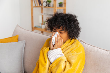 Unhappy sick young african american woman with cold sitting on sofa at home. Girl covering with blanket and blowing her nose in tissue. Medical and health concept. Cold flu allergy. Sick at homeの写真素材