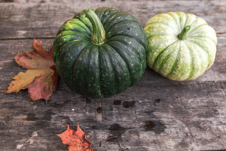 Autumnal Background. Natural autumn fall view pumpkins on wooden background. Inspirational october or september wallpaper. Change of seasons ripe organic food concept. Halloween party Thanksgiving dayの写真素材