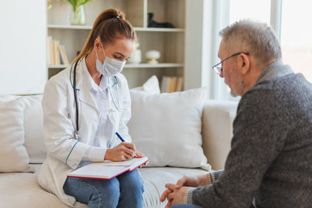 Female doctor examining older senior man in doctor office or at home. Old man patient and doctor...