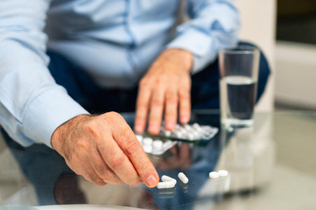 Hands with pills. Senior man hands with medical pill and glass of water. Mature old senior grandfather taking medication cure pills vitamin. Age prescription medicine healthcare therapy conceptの写真素材
