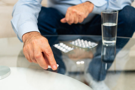Hands with pills. Senior man hands with medical pill and glass of water. Mature old senior grandfather taking medication cure pills vitamin. Age prescription medicine healthcare therapy conceptの写真素材