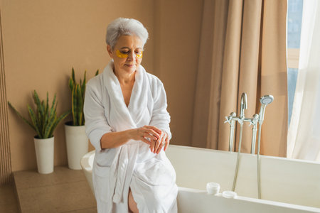 Mature adult old woman applying moisturizing body lotion on hands. Senior lady rubbing nourishing anti age cream doing morning daily skincare routine in bathroom. Beauty treatment spa body skin careの写真素材