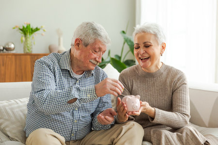 Saving money investment for future. Senior adult mature couple holding piggy bank putting money coin. Old man woman counting saving money planning retirement budget. Saving investment banking conceptの写真素材