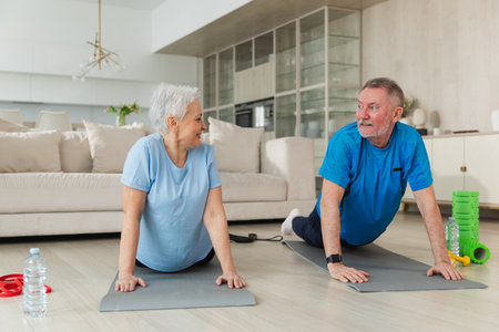 Fitness workout training. Senior adult mature healthy fit couple doing sports exercise on yoga mat on floor at home. Mid age old husband wife have training workout. Health care healthy lifestyleの写真素材