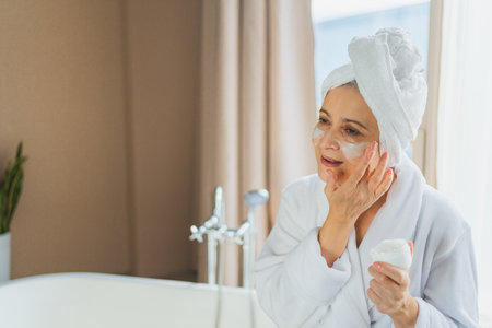 Mature adult old woman applying nourishing anti age face cream doing daily beauty routine. Senior woman with white mask or creme on skin gets facial treatment Skin care aging beauty skincare cosmeticsの写真素材