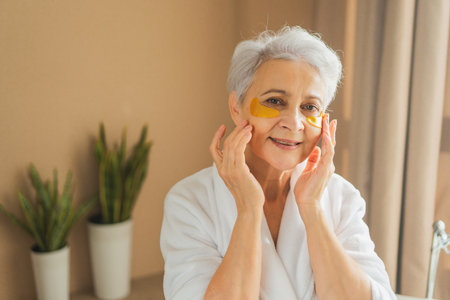 Eye patch beauty aging treatment. Mature adult old woman with under eye collagen pads. Senior woman with patches under eyes gets facial treatment. Senior lady in robe relaxing in bathroom at homeの写真素材