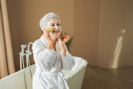 Mature adult old woman with nourishing anti age face cream mask holding cucumber slices. Senior woman with white mask creme on skin gets facial treatment daily beauty routine. Skin care aging beautyの写真素材