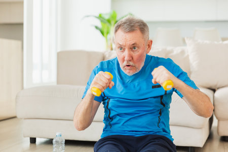 Fitness workout training. Senior man boxing punching picking up dumbbells. Old adult mature healthy man doing sports exercise at home. Grandfather have workout rehabilitation. Health care healthy lifestyleの写真素材
