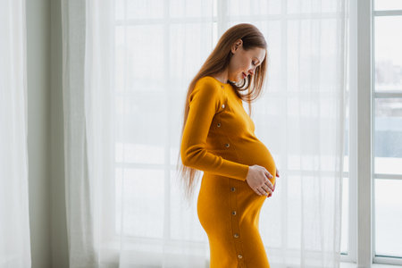Pregnancy motherhood people expectation future. Pregnant woman with big belly standing near window at home. Girl hugging her tummy enjoying pregnancy. Maternity tenderness parenthood new life conceptの写真素材