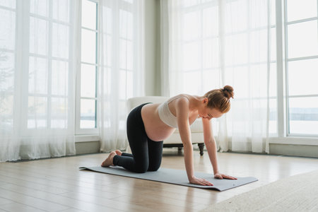 Pregnancy yoga fitness workout training. Pregnant woman practicing yoga at home. Pregnant girl doing sports exercise on yoga mat indoor. Woman with big belly have fitness training practicing asanaの写真素材