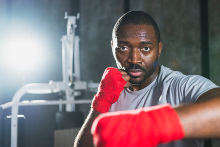 Workout in gym. African man fighter ready for fight punching with boxing wraps protective bandages to camera. Strong man training punches looking concentrated straight preparing for boxing sparringの写真素材