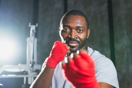 Workout in gym. African man fighter ready for fight punching with boxing wraps protective bandages to camera. Strong man training punches looking concentrated straight preparing for boxing sparringの写真素材