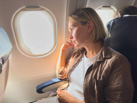 Passenger woman is flying in plane. Girl sitting in airplane looking out window going on trip vacation travel. Traveling female inside plane enjoying flight. Traveling girlの写真素材