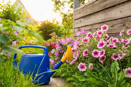 Farm worker gardening tools. Blue plastic watering can for irrigation plants placed in garden with flowers on flowerbed and flowerpot on sunny summer day. Gardening hobby agriculture conceptの写真素材