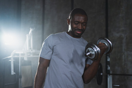 Fitness workout in gym. African American man bodybuilder picking up dumbbells in gym. Workout weight training biceps muscles with dumbbell in fitness club. Man doing sports exercise. Healthy lifestyleの写真素材
