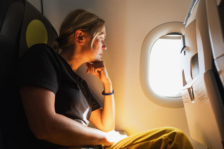 Happy passenger woman is flying in plane. Girl sitting in airplane looking out window going on trip vacation travel. Traveling female inside plane enjoying flight. Traveling girlの写真素材
