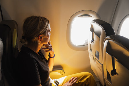 Happy passenger woman is flying in plane. Girl sitting in airplane looking out window going on trip vacation travel. Traveling female inside plane enjoying flight. Traveling girlの写真素材