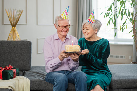 Make a wish. Family senior couple in party hat cap celebrating birthday anniversary together at home. Old woman blowing out burning candles on birthday cake. Old man wishes wife happy birthdayの写真素材