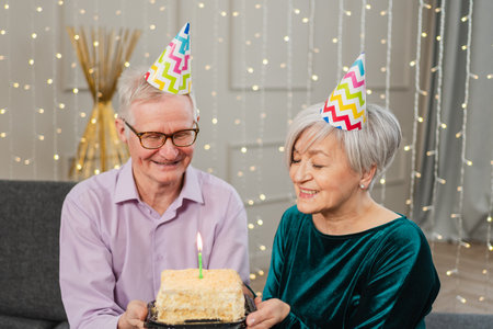 Make a wish. Family senior couple in party hat cap celebrating birthday anniversary together at home. Old man blowing out candles on birthday cake. Old woman wishes husband happy birthdayの写真素材
