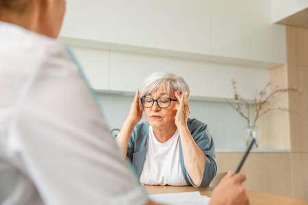 Female doctor examining older senior woman in doctor office or at home. Old woman lady patient and doctor have consultation in hospital room. Medicine healthcare medical checkup. Visit to doctorの写真素材