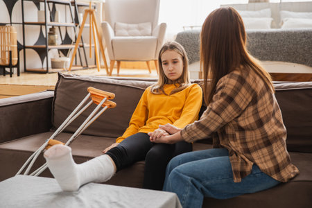 Girl with broken leg in cast sitting with mother on couch at home. Sad teenage kid recovering from broken leg. Girl using cast crutches for quick rehabilitation. Mom supporting daughterの写真素材