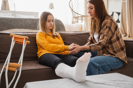 Girl with broken leg in cast sitting with mother on couch at home. Sad teenage kid recovering from broken leg. Girl using cast crutches for quick rehabilitation. Mom supporting daughterの写真素材