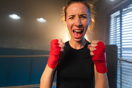 Outcry independent girl power. Angry strong crazy woman fighter screaming looking aggressive on boxing ring. Powerful ambitious victorious confident successful girl champion emotional energeticの写真素材