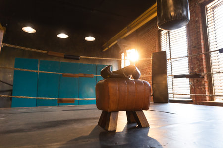 Boxing gloves lying down on boxing ring in empty gym. Equipment for fight training competition black protective boxing gloves ready for fighter winner on ring. Strength fit body workout trainingの写真素材