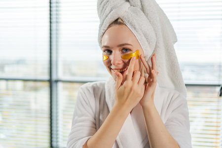 Eye patch beauty treatment. Woman with under eye collagen pads. Girl with patches under eyes towel on head gets facial treatment. Young beautiful woman in robe and towel relaxing in bathroom at homeの写真素材
