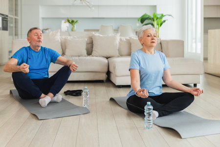 Yoga mindfulness meditation. Senior adult mature couple practicing yoga at home. Mid age old husband wife sitting in lotus pose on yoga mat meditating relaxing. Family doing breathing practiceの写真素材