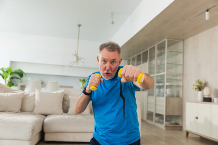 Fitness workout training. Senior man boxing punching picking up dumbbells. Old adult mature healthy man doing sports exercise at home. Grandfather have workout rehabilitation. Health care healthy lifestyleの写真素材