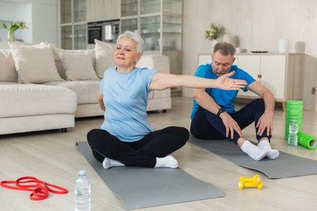Fitness workout training. Senior adult mature healthy fit couple doing sports exercise on yoga mat on floor at home. Mid age old husband wife have training workout. Health care healthy lifestyleの写真素材