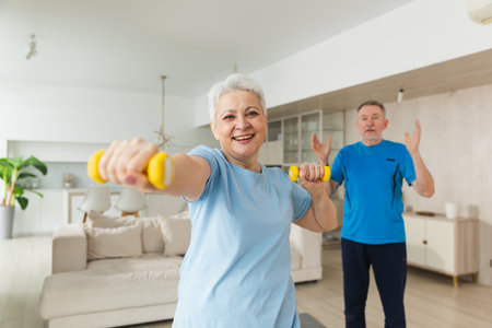 Fitness workout training. Senior woman picking up dumbbells. Old adult mature healthy lady doing sports exercise at home. Grandmother have workout rehabilitation. Health care healthy lifestyleの写真素材