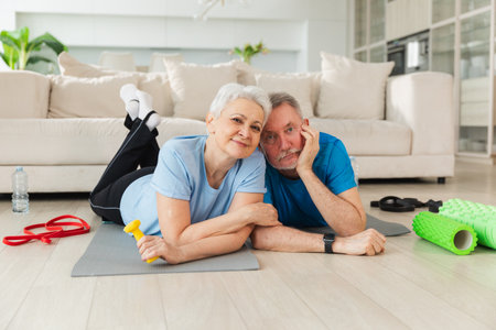Fitness workout home training. Senior adult mature healthy fit couple resting after sports exercise on yoga mat at home. Mid age old husband wife have training workout. Health care healthy lifestyleの写真素材