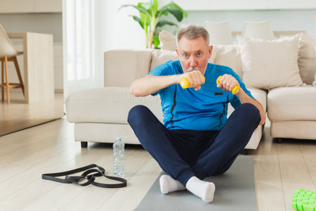 Fitness workout training. Senior man boxing punching picking up dumbbells. Old adult mature healthy man doing sports exercise at home. Grandfather have workout rehabilitation. Health care healthy lifestyleの写真素材