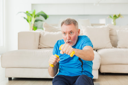 Fitness workout training. Senior man boxing punching picking up dumbbells. Old adult mature healthy man doing sports exercise at home. Grandfather have workout rehabilitation. Health care healthy lifestyleの写真素材