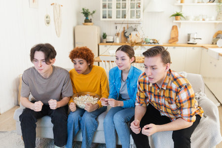 Group of friends watching sport match soccer football game on tv. Happy football fans celebrating victory at home. Friendship sports entertainment concept. Diverse buddies having fun together at homeの写真素材