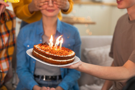 Make a wish. Burning candles on birthday cake ready for blowing out. Happy Birthday party. Friends wishes woman happy birthday. People celebrating birthday party. Plate with birthday cake in handsの写真素材