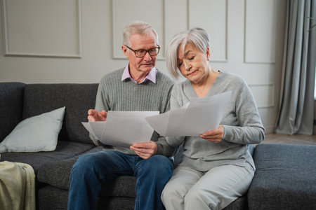 Sad tired disappointed middle aged senior couple sit with paper document. Unhappy older mature man...