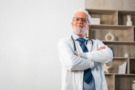 Mature senior male doctor in glasses medical uniform smiling looking at camera in hospital or doctor office. General practitioner GP therapist professional healthcare expert in clinic. Healthcare concept.の写真素材