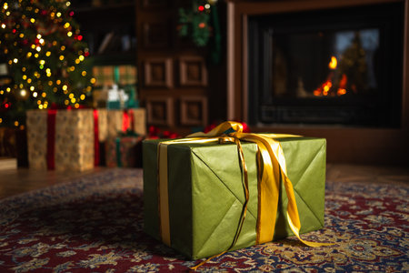 Green gift box in classical Christmas decorated interior living room library with fireplace. Christmas gift near fir tree on Christmas eve. Modern classic style interior design apartment. Christmas eve at homeの写真素材