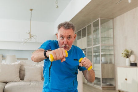 Fitness workout training. Senior man boxing punching picking up dumbbells. Old adult mature healthy...