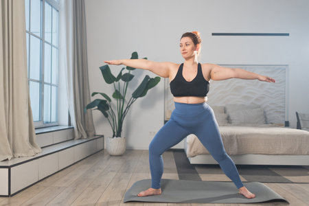 Yoga fitness workout training. Woman practicing yoga at home. Plus size female doing sports exercise on yoga mat indoor. Girl in sportswear have training workout for weight loss. Sport and fitnessの写真素材