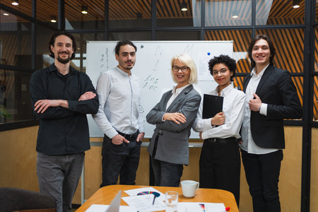 Teamwork brainstorm. Portrait of diversity coworkers colleagues in modern office. Colleagues working...