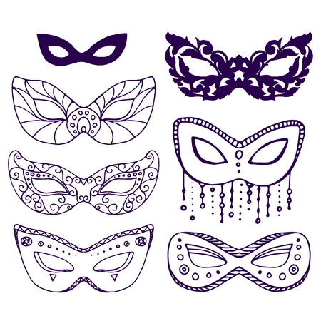 Beautiful ornate carnival mask set, hand drawn vector illustration, white backgroundのイラスト素材