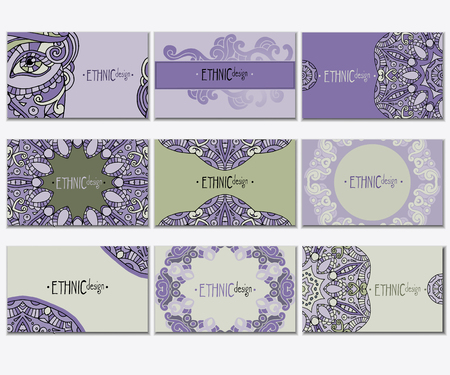 Ethnic colored business card set. Abstract decorative elements. Hand drawn vector illustration.のイラスト素材
