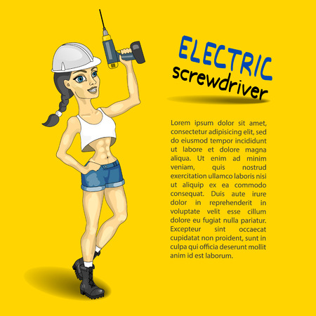electric screwdriver, mounting girl, erection work template, yellow background, vector illustrationのイラスト素材