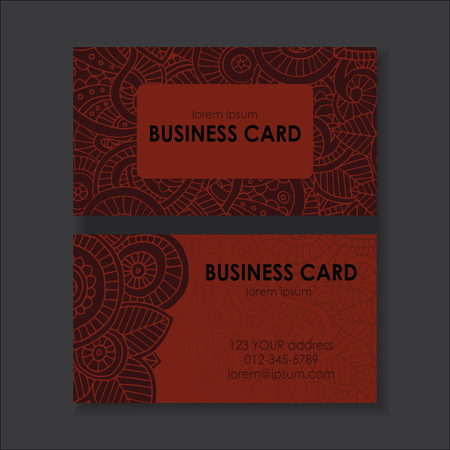 Beautiful colored abstract card. Arabic, indian, asian motif, floral business card template, front page and back page. Hand drawn vintage vector illustrationのイラスト素材
