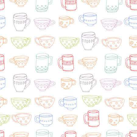 hand drawn vector seamless pattern, cute colored mugs and cups backgroundのイラスト素材