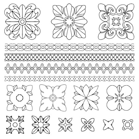 Set of square rosette design elements on white background. Handdrawn vector illustrationのイラスト素材
